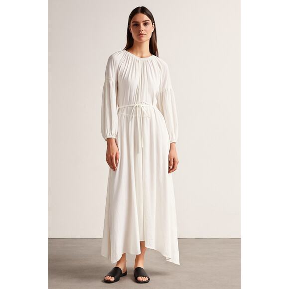 NWT Jil Sander Maxi Dress White Sheer Tie Waist DE 38 US 8 Med Designer Elegant - Picture 1 of 12
